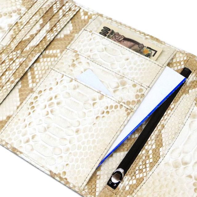 三つ折り財布 蛇革財布 長財布 マチなし 薄型 ファスナー収納 パスポート 本革 ヘビ革 蛇革 パイソン革 ハーフブリーチ ベージュ_6