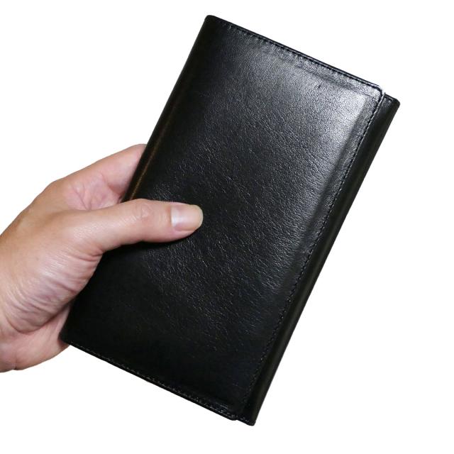 三つ折り財布 長財布 マチなし 薄型 ファスナー収納 パスポート 本革 羊革 ラムレザー ヌメシープパスカル ブラック 三つ折り財布 長財布 マチなし 薄型 ファスナー収納 パスポート 本革