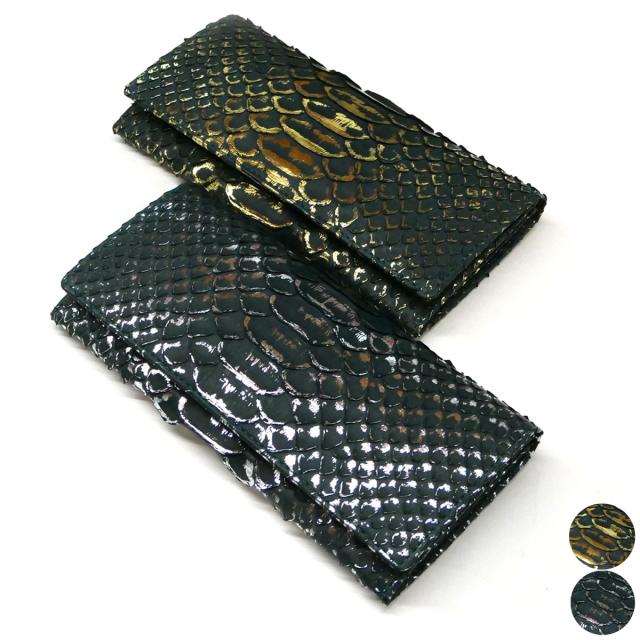 長財布 蛇革財布 笹マチ型 小銭入れなし 無双仕様 パイソン革 へび革 蛇革 ダイヤモンドパイソン革 リーフグリーン