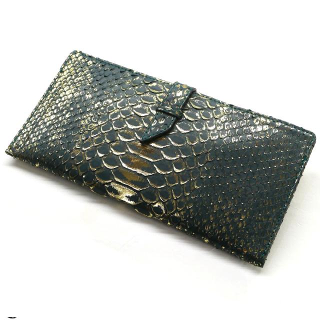 パイソン 財布 スリムウォレット ベルト差込型 長財布 スリム 薄型 軽い パイソン革 ヘビ革 ダイヤモンドパイソン革 リーフグリーン_1