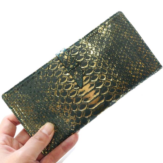 パイソン 財布 スリムウォレット ベルト差込型 長財布 スリム 薄型 軽い パイソン革 ヘビ革 ダイヤモンドパイソン革 リーフグリーン_2