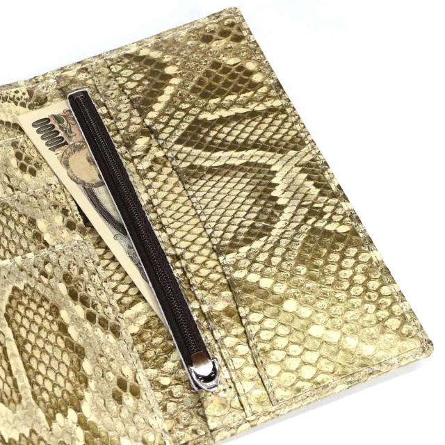 三つ折り財布 長財布 マチなし 薄型 ファスナー収納 パスポート 本革 ヘビ革 蛇革 パイソン革 モラレス パール_5