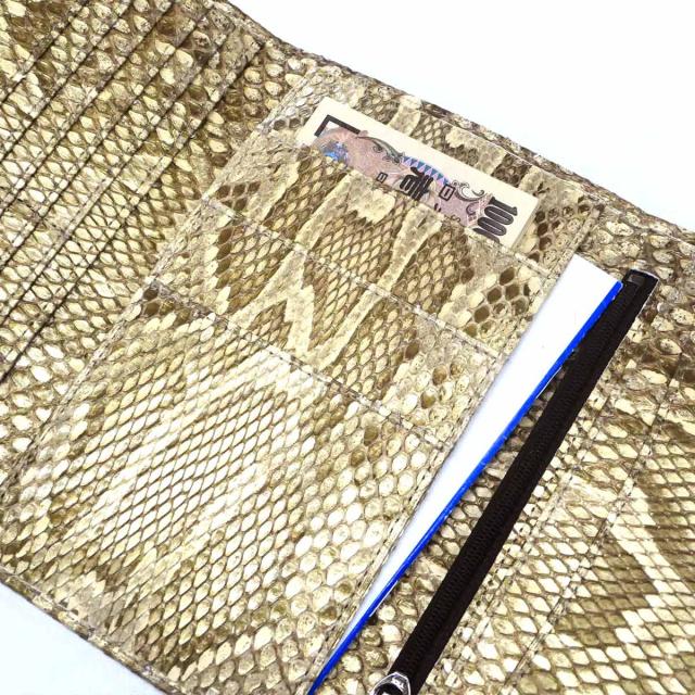 三つ折り財布 長財布 マチなし 薄型 ファスナー収納 パスポート 本革 ヘビ革 蛇革 パイソン革 モラレス パール_6