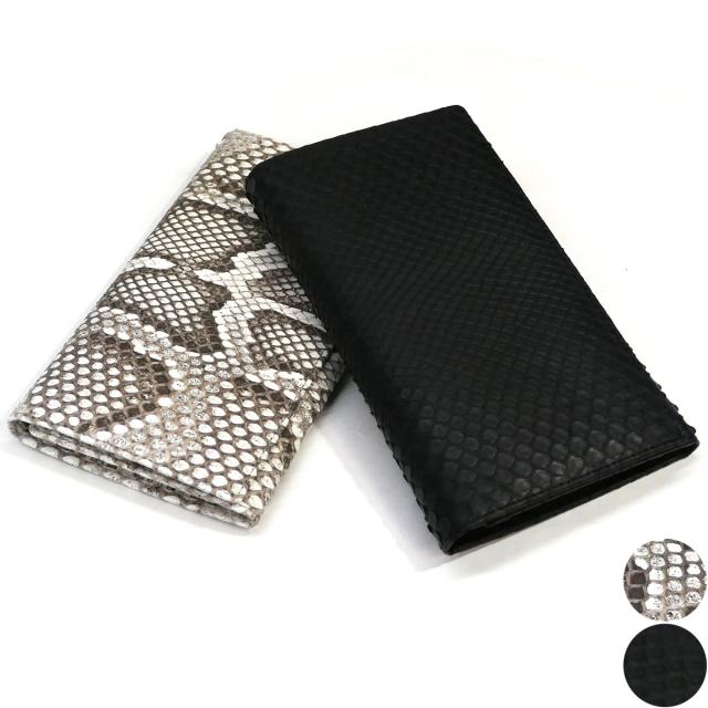 三つ折り財布 長財布 マチなし 薄型 ファスナー収納 パスポート 本革 ヘビ革 蛇革 パイソン革 モラレス マット2