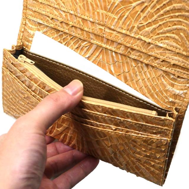 長財布 パイソン 財布 笹マチ型 小銭入れあり 無双仕様 本革 へび革 パイソン革 蛇革 ダイヤモンドパイソン革 ウェーブ柄 オレンジ_6
