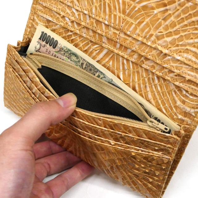 長財布 パイソン 財布 笹マチ型 小銭入れあり 無双仕様 本革 へび革 パイソン革 蛇革 ダイヤモンドパイソン革 ウェーブ柄 オレンジ_7