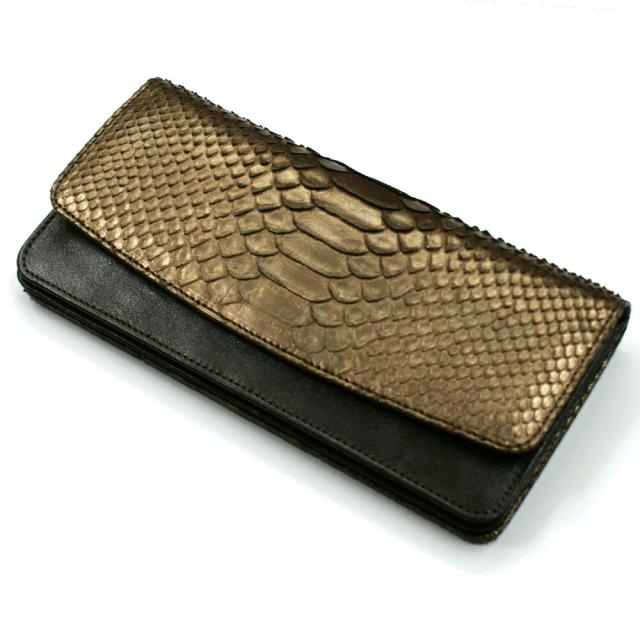 長財布 パイソン 財布 長札 メンズ レディース ヘビ革 蛇革 レザー 牛革 Wホック留め ジャバラ 小銭入れあり カード収納 ポケット収納 ブロンズ チョコ