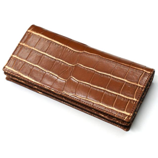 長財布 通しまち 小銭入れなし 本革 わに革 鰐革 ワニ革 クロコダイル革 ブラウンゴールド