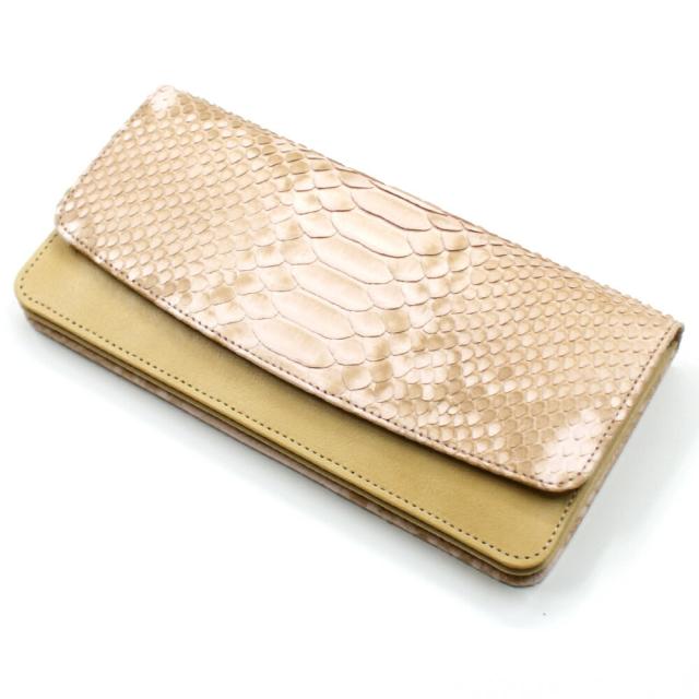 長財布 パイソン 財布 長札 レディース ヘビ革 蛇革 レザー 牛革 Wホック留め ジャバラ 小銭入れあり カード収納 ポケット収納 ハーフブリーチ ピンク