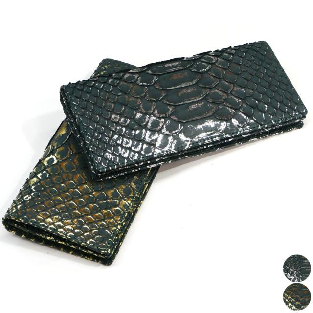 長財布 パイソン 財布 通しマチ 小銭入れあり 本革 蛇革 ヘビ革 パイソン革 リーフグリーン 2 全２色 シルバー/ゴールド