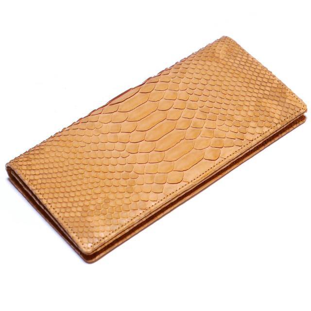 長財布 パイソン 財布 メンズ レディース 長札 ロング ウォレットパイソン革 蛇革 へび革 通しまち型 小銭入れ付 ハーフブリーチ オレンジ