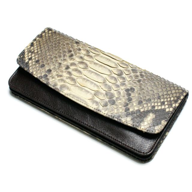 長財布 パイソン 財布 長札 メンズ レディース ヘビ革 蛇革 レザー 牛革 Wホック留め ジャバラ 小銭入れあり カード収納 ポケット収納 マット ベージュ