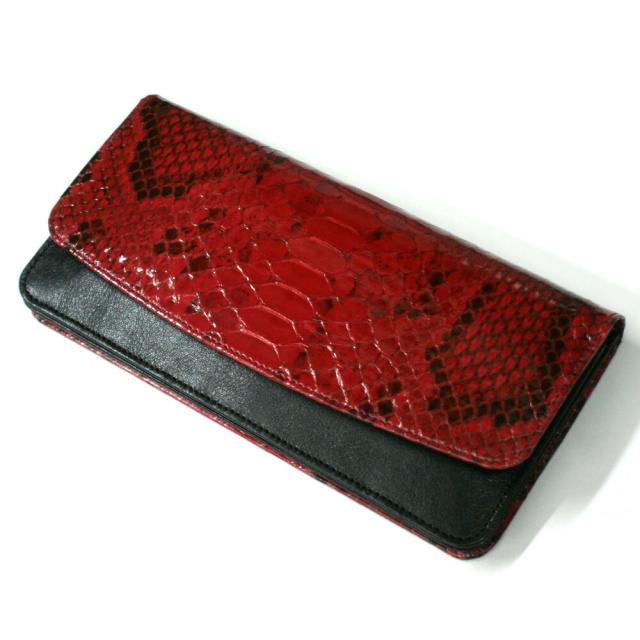 長財布 パイソン 財布 長札 メンズ レディース ヘビ革 蛇革 レザー 牛革 Wホック留め ジャバラ 小銭入れあり カード収納 ポケット収納 ナチュラル レッド