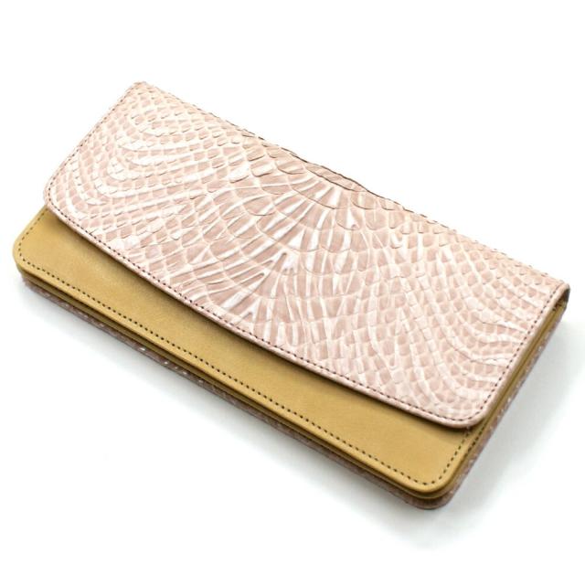 長財布 本革 パイソン 財布 レディース財布 メンズ財布 ヘビ革 蛇革 レザー 牛革 Wホック留め ジャバラ 小銭入れあり カード収納 ポケット収納 長札 レザー財布 本革長財布 日本製 ウェーブ ピンク