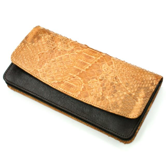 長財布 本革 パイソン 財布 レディース財布 メンズ財布 ヘビ革 蛇革 レザー 牛革 Wホック留め ジャバラ 小銭入れあり カード収納 ポケット収納 長札 レザー財布 本革長財布 日本製 ペイズリー柄 オレンジ