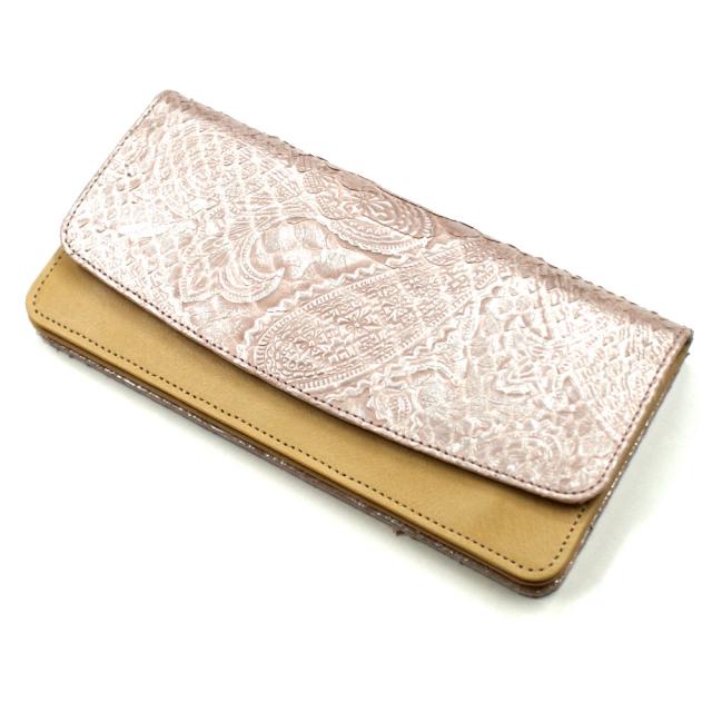 長財布 本革 パイソン 財布 レディース財布 ヘビ革 蛇革 レザー 牛革 Wホック留め ジャバラ 小銭入れあり カード収納 ポケット収納 長札 レザー財布 本革長財布 日本製 ペイズリー柄 ピンク