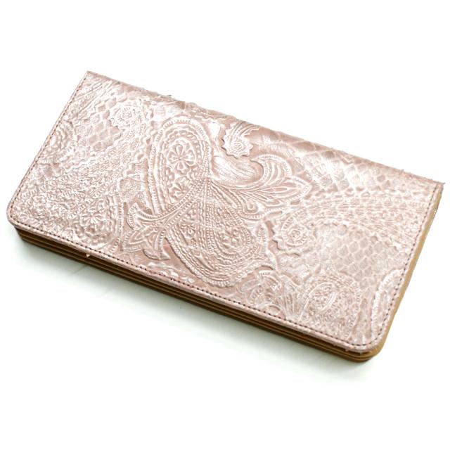 長財布 本革 パイソン 財布 レディース財布 ヘビ革 蛇革 レザー 牛革 Wホック留め ジャバラ 小銭入れあり カード収納 ポケット収納 長札 レザー財布 本革長財布 日本製 ペイズリー柄 ピンク_1