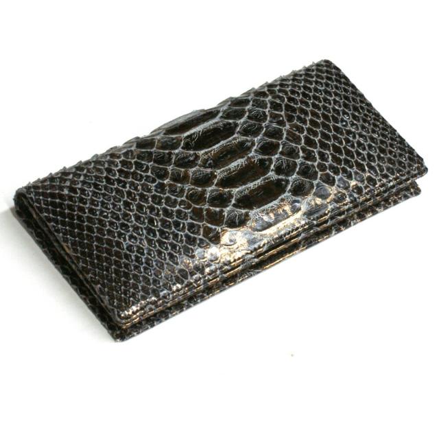 パイソン 長財布 メンズ レディース 本革 長札 財布 ロング ウォレット パイソン革 蛇革 へび革 通しまち型 小銭入れ付 カード収納 日本製 (P14) ラスター チョコ 2