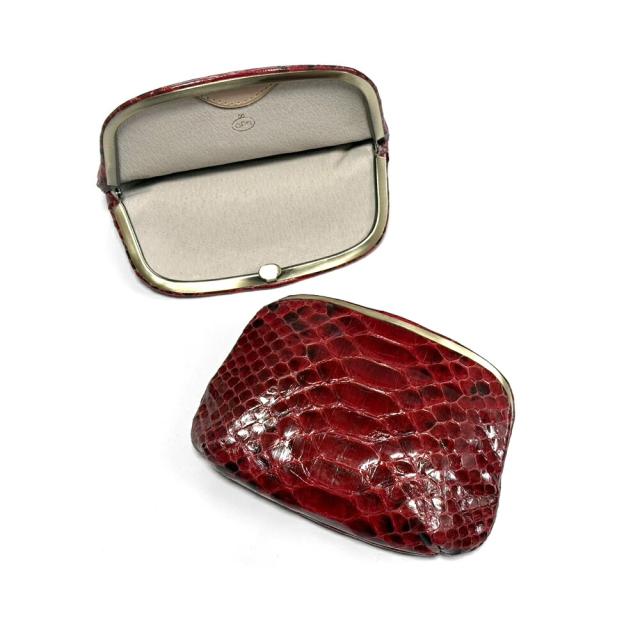 天溝がま口 がま口 がま口ポーチ がま口小物入れ 天溝押口 天溝 口金 薄型 薄い スリム 日本製 本革 パイソン グレージング レッド