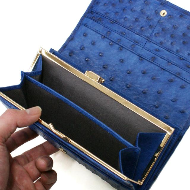 がま口長財布 レディース 長財布 ガマ口財布 オーストリッチ革 駝鳥革 無双仕様 本革 本皮 レザー 財布 さいふ サイフ 女性 大容量 長札 口金 日本製 藍染_3