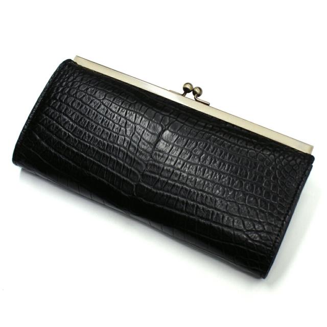 がま口 長財布 レディース がま口財布 クロコダイル クロコ ワニ革 鰐革 本革 本皮 レザー 財布 さいふ サイフ 大容量 仕切収納 長札 日本製 マットブラック