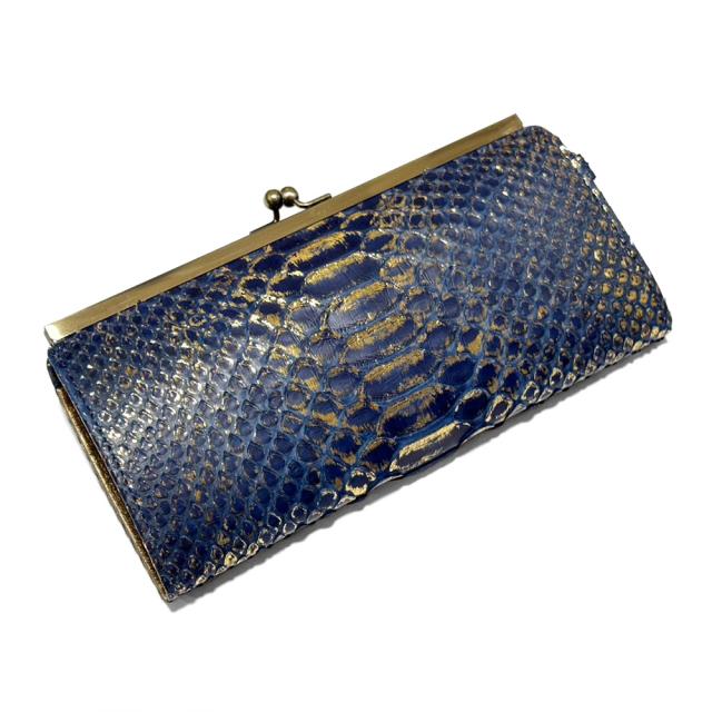 パイソン 財布 長財布 レディース がま口 財布 本革 蛇革 リーフ 藍染 がまぐち 小銭入れ カード入れ 大容量 小銭入れ