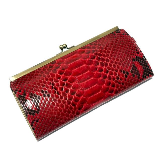 長財布 レディース がま口 パイソン 財布 本革 蛇革 グレージング レッド 財布 がまぐち 小銭入れ カード入れ 大容量 小銭入れ
