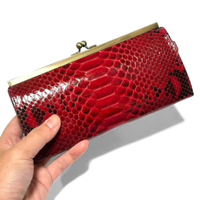 長財布 レディース がま口 パイソン 財布 本革 蛇革 グレージング レッド 財布 がまぐち 小銭入れ カード入れ 大容量 小銭入れ_1