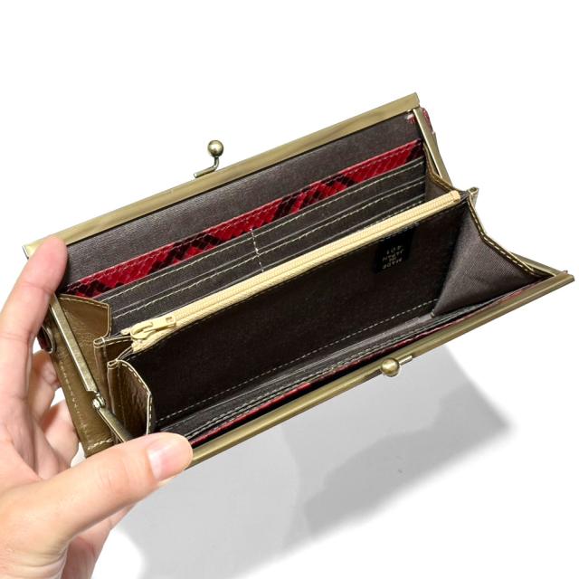 長財布 レディース がま口 パイソン 財布 本革 蛇革 グレージング レッド 財布 がまぐち 小銭入れ カード入れ 大容量 小銭入れ_2