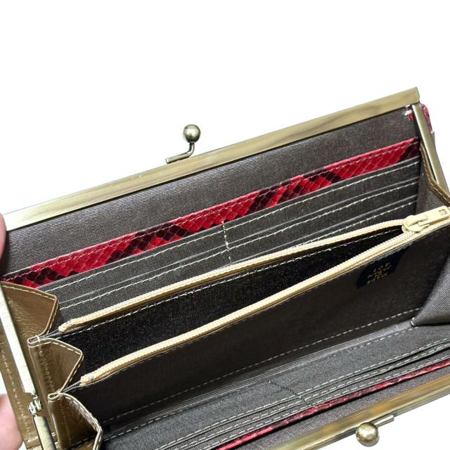 長財布 レディース がま口 パイソン 財布 本革 蛇革 グレージング レッド 財布 がまぐち 小銭入れ カード入れ 大容量 小銭入れ_3