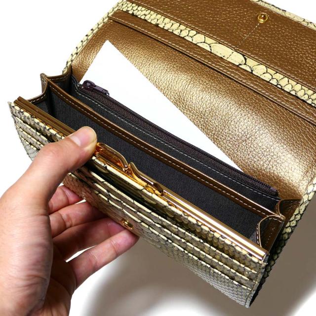 パイソン 財布 長財布 がま口 かぶせ レディース 本革 ヘビ革 ゼブラ ベージュ 2_4