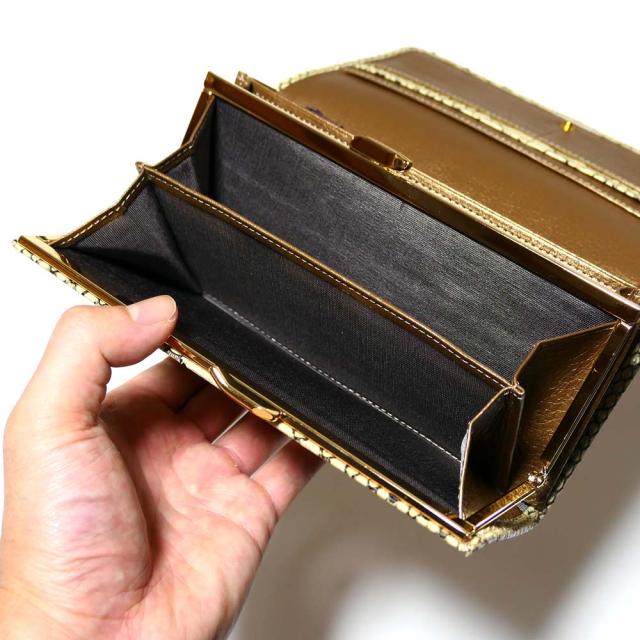 パイソン 財布 長財布 がま口 かぶせ レディース 本革 ヘビ革 ゼブラ ベージュ 2_5