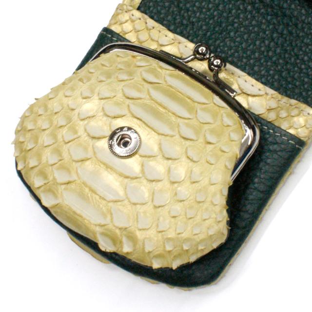 がま口 パイソン 財布 蛇 ヘビ 牛革 口金 袋縫い 柄 ゼブラ ゴールドの