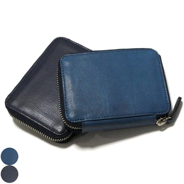 カードケース ラウンドファスナー 本革 山羊革 ゴートレザー キッド インディゴ じゃばら式 大容量 メンズ レディース スマート ICカード クレジット 名刺入れ ギフト プレゼント