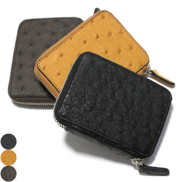 カードケース ラウンドファスナー 本革 オーストリッチ ダチョウ革 じゃばら式 大容量 メンズ レディース スマート ICカード クレジット 名刺入れ ギフト プレゼント カードケース ラウンドファスナー 本革 オーストリッチ ダチョウ革