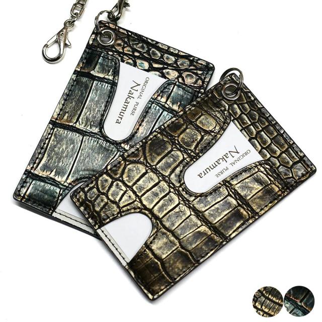 idカードホルダー カードケース 革 レザー クロコダイル革 ワニ革 パス入れ idカードケース 両面窓 ハトメ チェーン付 社員証 身分証明書 プレゼント マット ホワイト 2 idカードホルダー カードケース 革 レザー クロコダイル革 ワニ革 パス