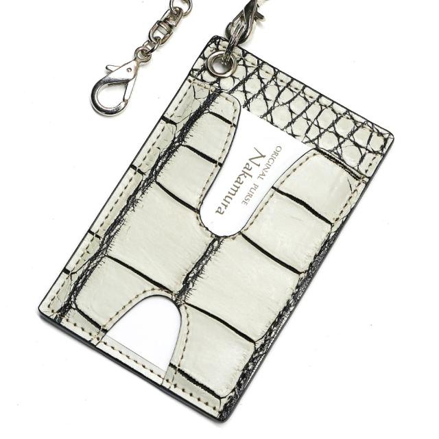 idカードホルダー カードケース 革 レザー クロコダイル革 ワニ革 パス入れ idカードケース 両面窓 ハトメ チェーン付 社員証 身分証明書 プレゼント マット ホワイト 2