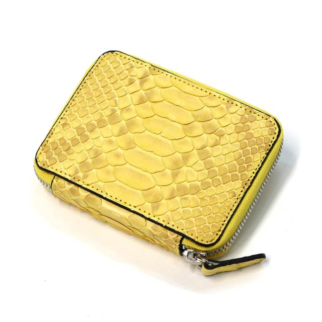 カードケース ラウンドファスナー 本革 パイソン ハーフブリーチ イエロー2 じゃばら式 大容量 メンズ レディース スマート ICカード クレジット 名刺入れ ギフト プレゼント