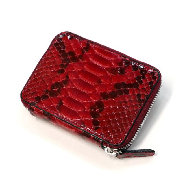 カードケース ラウンドファスナー 本革 パイソン グレージング レッド じゃばら式 大容量 メンズ レディース スマート ICカード クレジット 名刺入れ ギフト プレゼント