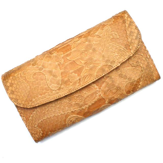 長財布 本革 ギャルソン 財布 ウォレット レディース 財布 オープンマチ付 大容量 ヘビ革 蛇革 パイソン 長札 サイフ さいふ 日本製 ペイズリー柄 オレンジ_1