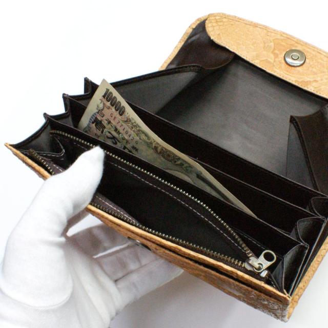 長財布 本革 ギャルソン 財布 ウォレット レディース 財布 オープンマチ付 大容量 ヘビ革 蛇革 パイソン 長札 サイフ さいふ 日本製 ペイズリー柄 オレンジ_3