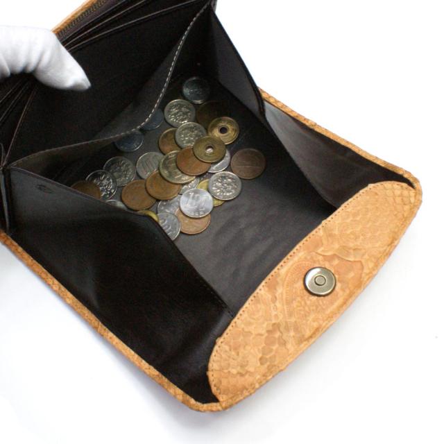 長財布 本革 ギャルソン 財布 ウォレット レディース 財布 オープンマチ付 大容量 ヘビ革 蛇革 パイソン 長札 サイフ さいふ 日本製 ペイズリー柄 オレンジ_5