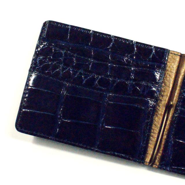 札ばさみ マネークリップ メンズ レディース 財布 折り財布 サイフ 薄型 クロコダイル革 鰐革 ワニ革 無双 カード収納 グレージング 藍染_4