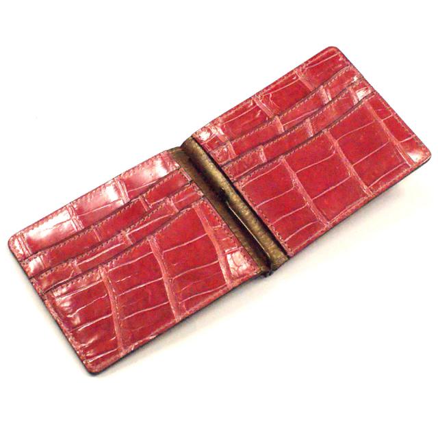 札ばさみ マネークリップ メンズ レディース 財布 折り財布 サイフ 薄型 クロコダイル革 鰐革 ワニ革 無双 カード収納 グレージング ピンク