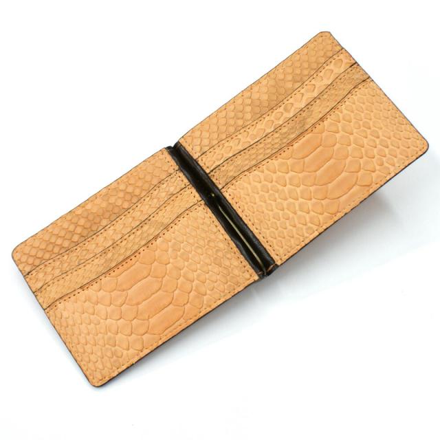 札ばさみ マネークリップ パイソン 財布 折り財布 サイフ さいふ メンズ レディース 薄型 蛇革 パイソン革 ヘビ革 無双仕様 カード収納 ハーフブリーチオレンジ