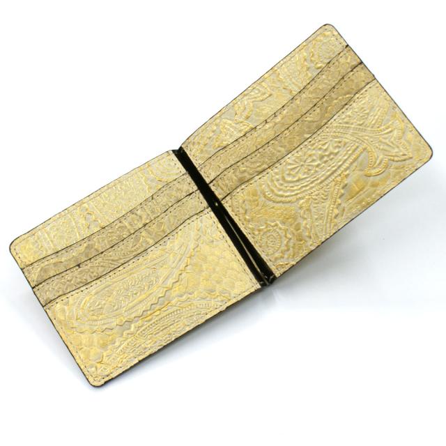 札ばさみ マネークリップ パイソン 財布 折り財布 サイフ さいふ メンズ レディース 薄型 蛇革 パイソン革 ヘビ革 無双仕様 カード収納 簡単収納 日本製 柄 ペイズリー ゴールド