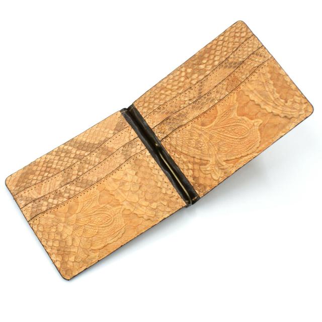 札ばさみ マネークリップ パイソン 財布 折り財布 サイフ さいふ メンズ レディース 薄型 蛇革 パイソン革 ヘビ革 無双仕様 カード収納 簡単収納 日本製 柄 ペイズリー オレンジ