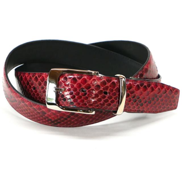 ベルト レザーベルト 本革ベルト 4cm幅 パイソン革 ヘビ革 ダイヤモンドパイソン フロントカット(FC) グレージング　レッド