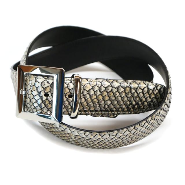 ベルト レザーベルト 4cm幅 スクエアー 四角 バックル パイソン革 ヘビ革 ダイヤモンドパイソン フロントカット(FC) ラスター ベージュ