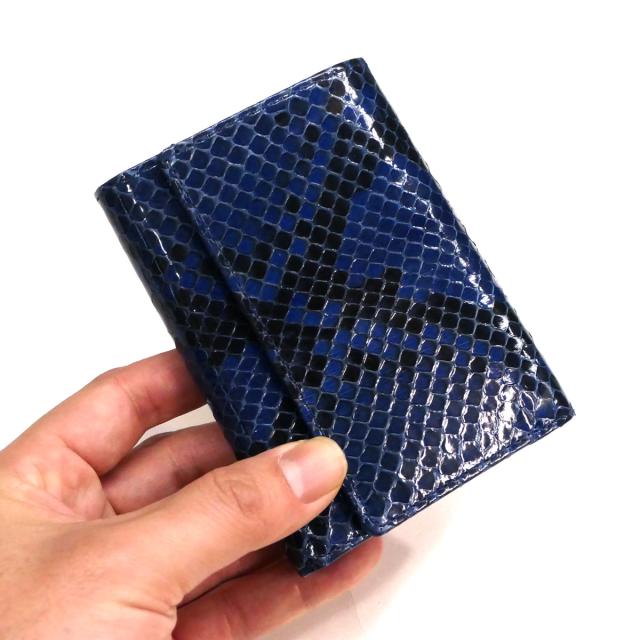 財布 小銭入れなし 折り財布 札入れ メンズ レディース 本革 パイソン革 蛇革 ヘビ革 ダイヤモンドパイソン革 グレージング 藍染_1